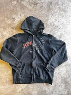Vintage Hurley Mens Full Zip Hoodie Black Red Gothic Logo Skater Surf Y2K Cyber